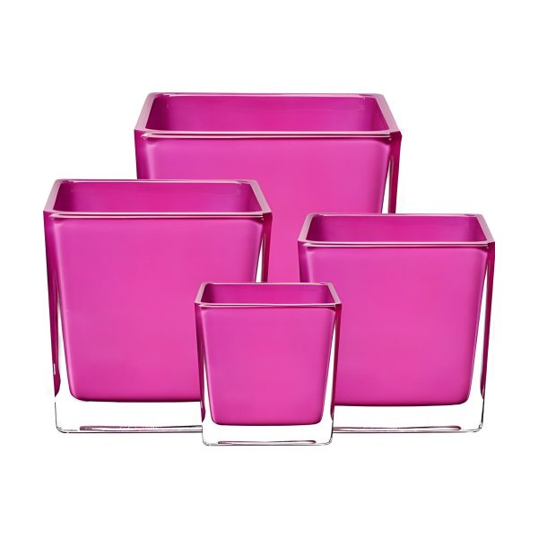 Florero Cuadrado en Cubo – Rosa Fucsia, vidrio de color