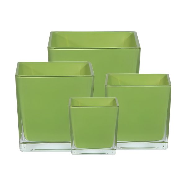 Florero Cuadrado en Cubo – Verde lima, vidrio de color