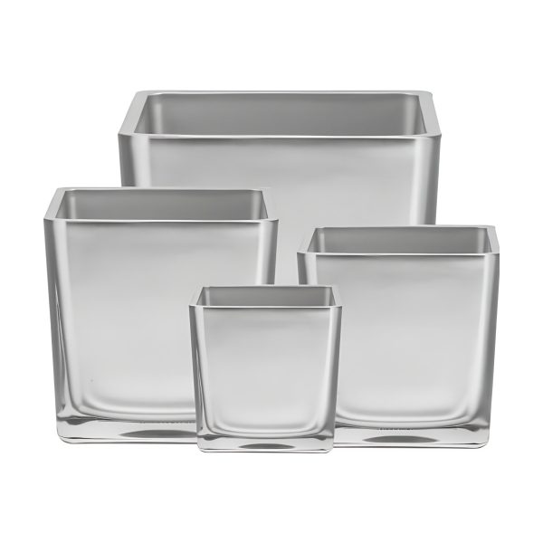Florero Cuadrado en Cubo – Plata Metálico, vidrio de color