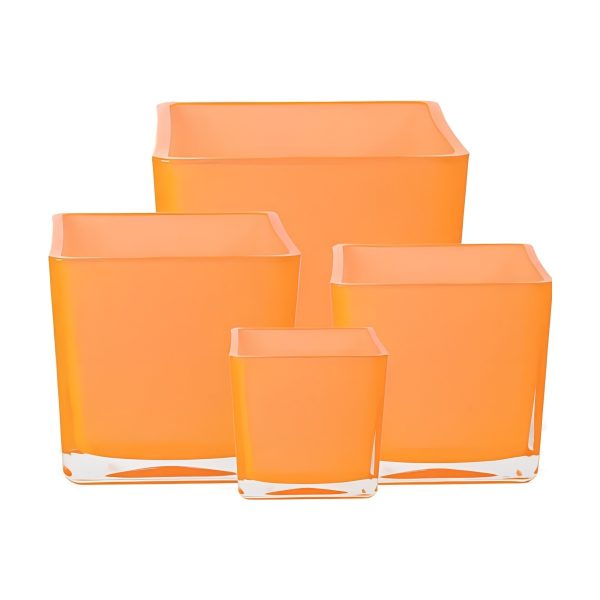 Square Cube Vase – Orange Thick Glass, coloured glass