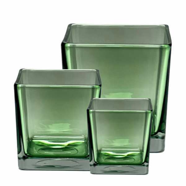 Vase cube carré – Vert olive transparent, verre coloré