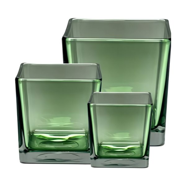 Florero Cuadrado en Cubo – Verde Oliva Transparente, vidrio de color