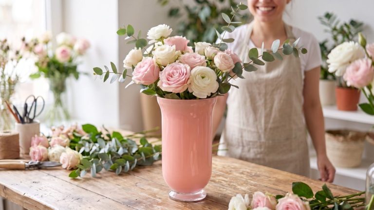 Vase Talia : mise en scène de bouquets de fleuriste rose pâle